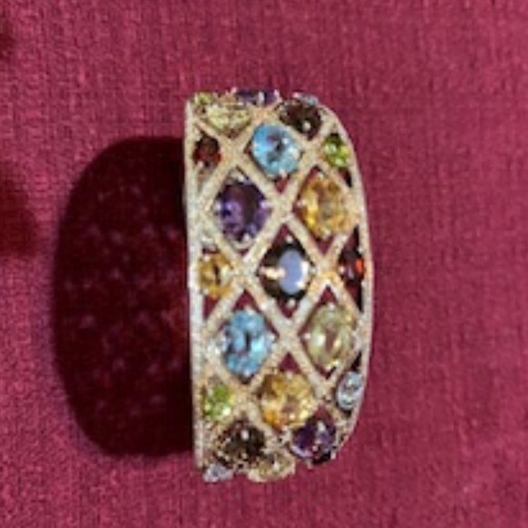 Sterling Silver Multi-Color Gemstone Wide Hinged Cuff Bracelet - Picture 1 of 6